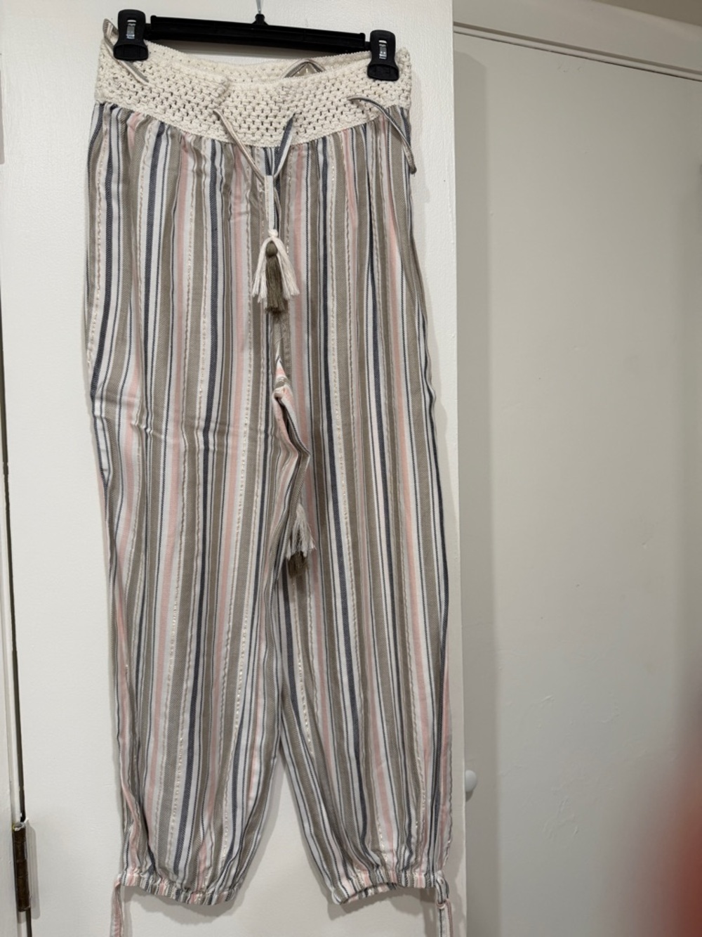 Surf Gypsy Striped Crochet Waist Trousers in Cream, Pink, Gray